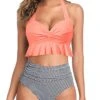 Vintage Bathing Suit Set Womens Tummy Control Swimsuits-Coral Pink Stripe