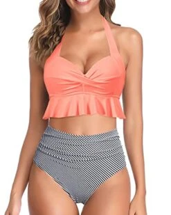 Vintage Bathing Suit Set Womens Tummy Control Swimsuits-Coral Pink Stripe