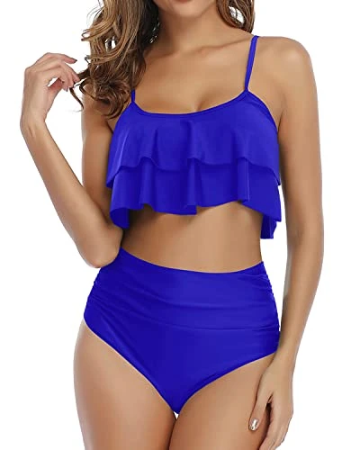 Two Piece Vintage-Inspired Ruffle Bikini High Waisted Bottom-Royal Blue 1 Two Piece Vintage-Inspired Ruffle Bikini High Waisted Bottom-Royal Blue