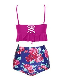 Women's Ruched Tummy Control High Waist Bikini Sets-Pink Floral -Bikini Beach Shop 41PzIRlyQhL