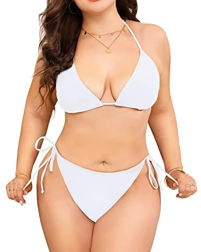 2 Piece Plus Size Triangle Bikini Set Side Tie For Women-White 1 2 Piece Plus Size Triangle Bikini Set Side Tie For Women-White