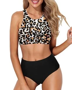 Charming Racerback Sporty High Waisted Bikini Set-Black And Leopard