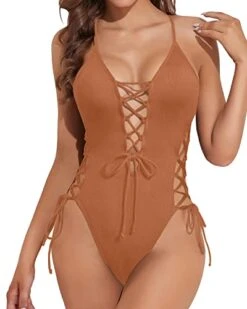 High Cut Bottom Sexy One Piece Swimsuit For Women-Brown