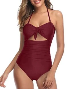 Halter Front Tie Knot Bathing Suit Tummy Control One Piece Swimsuits-Maroon -Bikini Beach Shop 41QIarlFepL 6bfab687 8303 48b3 973c bc162d4d2f06