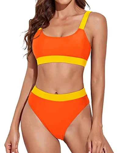 Women Cute Elastic Wide Band Design Sporty Scoop Neck Bikini-Orang Yellow 1 Women Cute Elastic Wide Band Design Sporty Scoop Neck Bikini-Orang Yellow
