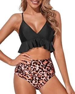 Flattering Tummy Control Ruffle High Waisted Bikini Ruched-Black And Leopard