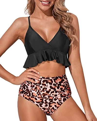 Flattering Tummy Control Ruffle High Waisted Bikini Ruched-Black And Leopard 1 Flattering Tummy Control Ruffle High Waisted Bikini Ruched-Black And Leopard