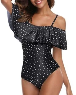 Long Torso Printed One Piece Swimsuit For Women Ruffled Flounce Bathing Suit-Black White Dot -Bikini Beach Shop 41QhH2zOyWL