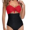 Tummy Control Halter Swimsuit Halter Backless One Piece Swimsuits-Neon Red
