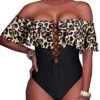 Trendy Strapless Off The Shoulder One Piece Swimsuit For Teens-Black And Leopard