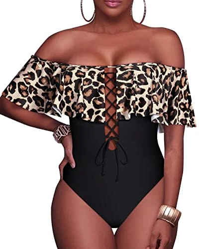 Trendy Strapless Off The Shoulder One Piece Swimsuit For Teens-Black And Leopard 1 Trendy Strapless Off The Shoulder One Piece Swimsuit For Teens-Black And Leopard
