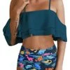 Charming High Waisted Ruffle Bikini Set For Women-Blue Green Dinosaur