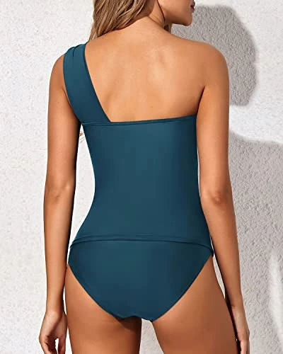 Elegant Two Piece One Shoulder Swim Top Shorts-Teal 3 Elegant Two Piece One Shoulder Swim Top Shorts-Teal - Image 3