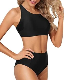 Athletic Crop Top Sporty High Waisted Bikini Set-Black -Bikini Beach Shop 41RLM tH5GL