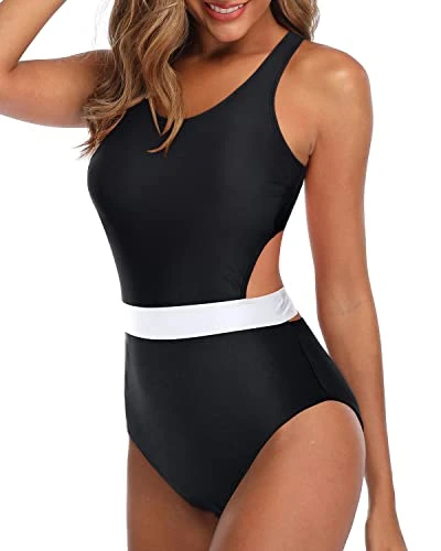 Modest Swimsuit One Piece Tummy Control Cutout Swimsuits For Teen Girls-Black And White 1 Modest Swimsuit One Piece Tummy Control Cutout Swimsuits For Teen Girls-Black And White