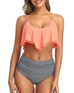 High Waisted Bikini Set Ruffle And Ruched High Rise Bottom-Coral Pink Stripe