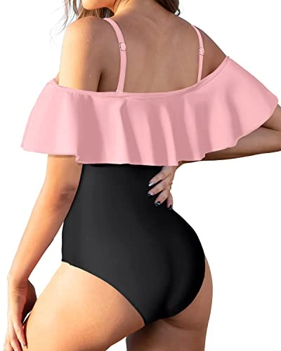 Padded Bra Off Shoulder One Piece Swimsuit For Women-Pink And Black 2 Padded Bra Off Shoulder One Piece Swimsuit For Women-Pink And Black - Image 2