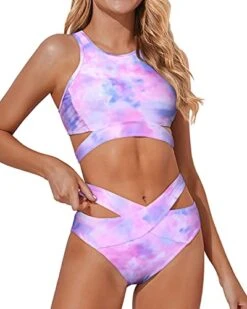 Trendy Cutout Criss Cross Design Two Piece High Neck Bikini Set-Color Tie Dye -Bikini Beach Shop 41RnTsGUvuL