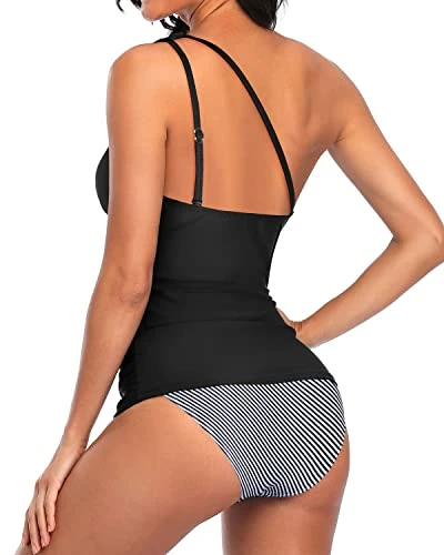 Modest Tummy Control One Shoulder Tankini Swimsuit For Ladies-Black Stripe 4 Modest Tummy Control One Shoulder Tankini Swimsuit For Ladies-Black Stripe - Image 4