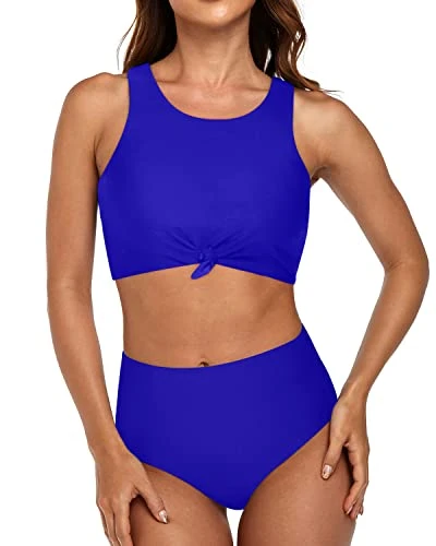 High Neck Tie Knot Bathing Suit Sporty Two Piece Swimsuits-Royal Blue 1 High Neck Tie Knot Bathing Suit Sporty Two Piece Swimsuits-Royal Blue