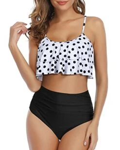 Elegant Ruffle High Waisted Ruched Women's 2 Piece Bikini Set-White Black Polka Dots