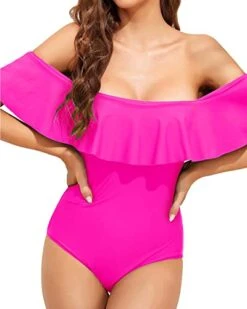 Off Shoulder Ruffled Retro Bathing Suit Flounce Printed One Piece Swimsuit-Neon Pink -Bikini Beach Shop 41SCCsYTxGL