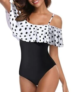 Ruffled Flounce One Piece Swimsuit Off Shoulder Retro Swimwear-White Black Polka Dots -Bikini Beach Shop 41SGIOcO0dL
