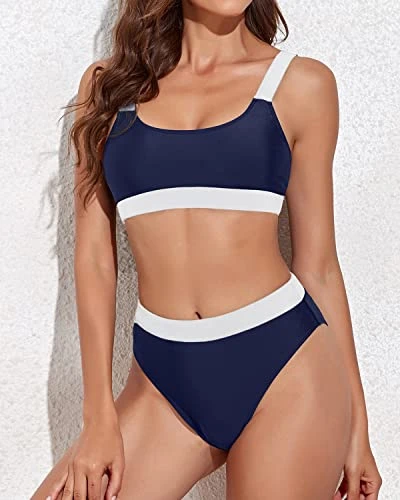 Women High Rise Athletic Bathing Suits Sporty Scoop Neck Bikini-Navy Blue And White 4 Women High Rise Athletic Bathing Suits Sporty Scoop Neck Bikini-Navy Blue And White - Image 4