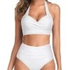 Two Piece Halter Ruched Highwaist Bikini Adjustable Straps Bathing Suit-White