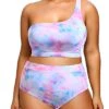 Two Piece One Shoulder High Waisted Plus Size Women's Bikini Swimsuit