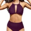 Fishnet Halter High Waisted Bikini Adjustable Halter Strap-Maroon