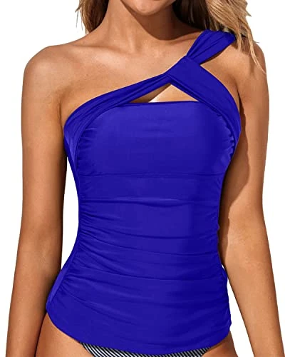 Tummy Control One Shoulder Bathing Suit Top Removable Pads Swim Tops-Royal Blue 1 Tummy Control One Shoulder Bathing Suit Top Removable Pads Swim Tops-Royal Blue