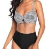 Ruched Tummy Control Women Two Piece High Waisted Bikini Set-Black And White Stripe