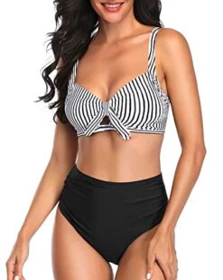 Ruched Tummy Control Women Two Piece High Waisted Bikini Set-Black And White Stripe
