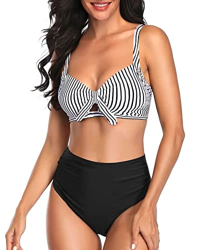 Ruched Tummy Control Women Two Piece High Waisted Bikini Set-Black And White Stripe 1 Ruched Tummy Control Women Two Piece High Waisted Bikini Set-Black And White Stripe