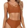 Removable Padded Swimsuit Two Piece Scoop Neck Bikini For Women-Brown