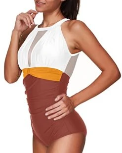 Chic High Neck Mesh Monokini Women One Piece Swimsuit-Whtie Yellow Brown -Bikini Beach Shop 41SqOGKhJrL