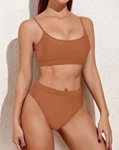 Stretchy Waistband Tummy Control Two Piece High Waisted Bikini-Brown -Bikini Beach Shop 41TJQbBcsDL