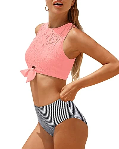 Lace-Up High Waisted Bikini Women's Two Piece Swimsuit With Tie Knot Front 4 Lace-Up High Waisted Bikini Women's Two Piece Swimsuit With Tie Knot Front - Image 4