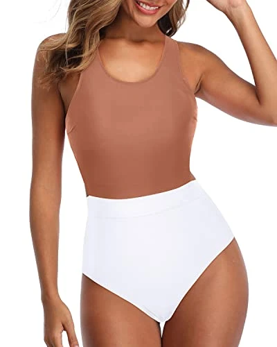 High Waist Bottoms Slimming Women One Piece Swimsuits-Brown And White 3 High Waist Bottoms Slimming Women One Piece Swimsuits-Brown And White - Image 3