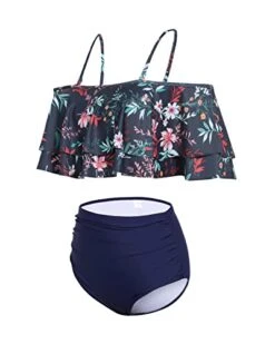 Gorgeous Two Piece High Waisted Ruffle Bikini Set-Blue Colorul Flowers -Bikini Beach Shop 41TZSzukRYL