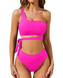 High Waisted Two Piece Bathing Suit Tie Bikini Set-Neon Pink -Bikini Beach Shop 41ThOpcc7hL