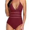 V Neck Open Back Monokini Halter One Piece Swimsuits-Maroon