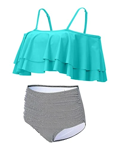 Attractive Off Shoulder Two Piece Bikini For Women-Aqua Stripe 3 Attractive Off Shoulder Two Piece Bikini For Women-Aqua Stripe - Image 3