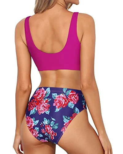 Removable Padded Push Up Bikini Crop Top High Cut Swimsuit-Pink Floral 2 Removable Padded Push Up Bikini Crop Top High Cut Swimsuit-Pink Floral - Image 2