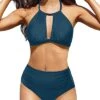 2 Piece Triangle Halter High Waisted Bikini For Women-Teal