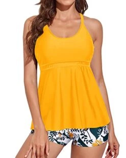 Sporty Flowy Tankini Bathing Suits Boy Shorts For Women-Yellow Floral