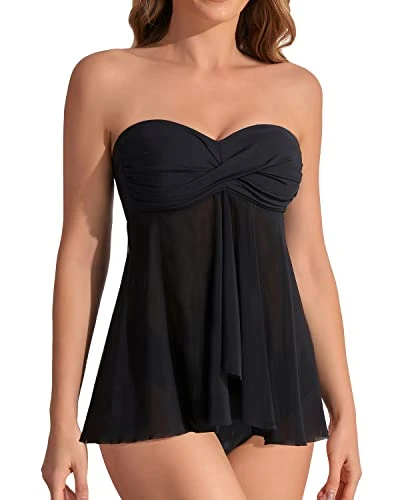 Women's Flyaway Halter Bandeau Tankini Mid Rise Bottoms-Black 1 Women's Flyaway Halter Bandeau Tankini Mid Rise Bottoms-Black
