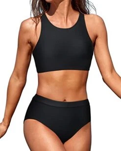 High Neck Crop Top Bikini Set 2 Piece Bathing Suits For Teen Girls-Black