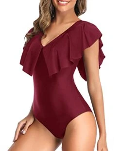 Modest Coverage Flounce Sleeve V Neck One Piece Swimsuit-Maroon -Bikini Beach Shop 41V6vdfY6YL 2bc18a04 7fff 41ca 9655 a110bf3a9684